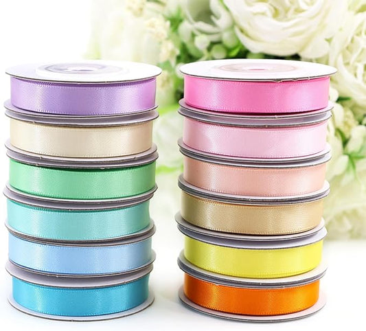 12 Rolls Pastel Rainbow Ribbon 3/8" X 60 Yards Thin Double Face Satin Ribbon Assortment for Crafts, Wreath, Gift Wrapping, Birthday Baby Shower Party Decoration and DIY Handmade Hair Bows