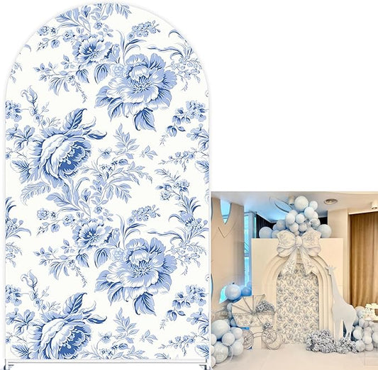Blue Toile Arch Backdrop Vintage Floral French Toile Style Backdrop Elegant Blue and White Botanical for Wedding Baby Shower Classic European Party Decor Photography Background (G4224,6FT)