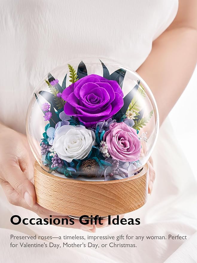 Eterfield Flowers for Delivery Prime, Christmas Preserved Roses Gifts for Women - Forever Flower in Glass Dome Birthday Gifts for Mom Wife Grandma Her Valentine’s Day (Purple, Sphere)