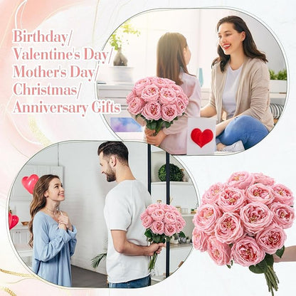 Giegxin 20 Pcs Real Touch Peonies Austin Roses Artificial Flowers, Faux Look Real Long Stems Fake Flower with Big Blooms for Christmas Valentines Wedding Party DIY Arrangement Home Decor(Pink)