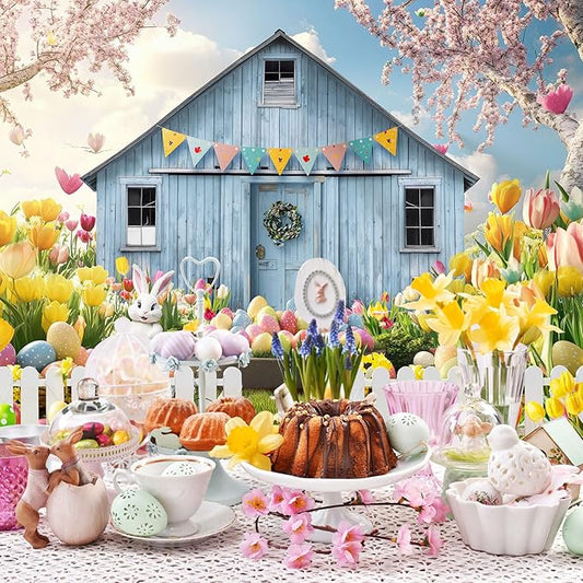 Easter Backdrop Spring Farm Barn Rabbit Bunny Egg Floral Grassland Photography Background Easter Party Decoration Supplies Favors Cake Table Banner Photo Booth Studio Props 7x5ft