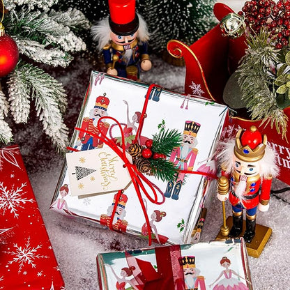 MAYPLUSS Christmas Nutcracker Wrapping Paper - 17 Inch X 33 Feet - Metallic Christmas Gift Wrapping Paper Featuring Holly Cute Ballet Girl Reversible Snowflakes for Holiday Party New Year Kids