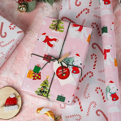 MAYPLUSS Christmas Wrapping Paper Roll - 17IN X 33FT - Pink Gift Wrap Paper Featuring Christmas Tree Polar Bear Scarf Hat Reversible Candy Cane for Kids, Holiday, New Year