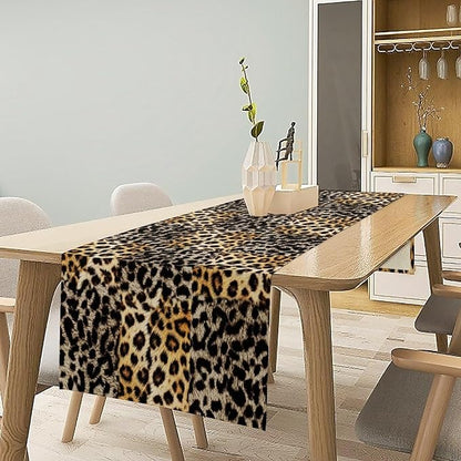 Animal Skin Print Table Runner, Vintage Leopard Farmhouse Cottage Country Western Wildlife Safari Dinner Runner for Home Kitchen Dining Table Party Holiday 13x60in