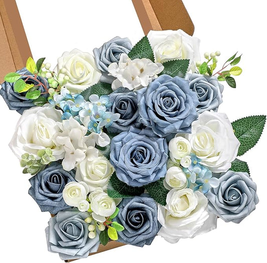 Serwalin Artificial Flowers Blue Fake Silk Foam Wedding Flowers for Bridal Bouquet White Roses with Stems for Home Party Decoration Faux Flower Table Centerpieces Arrangements for Baby Shower