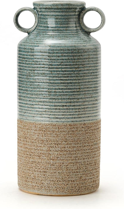 Blue and Brown Ceramic Rustic Vase with 2 Round Handles, Modern Farmhouse Flower Vase, Vintage Terracotta Vases for Home Decor, Wedding, Living Room, Table, Shelf Decor - 9.5 Inch Tall