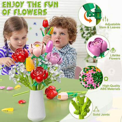 Flower Bouquet Building Set, 680PCS Tulip & Rose Block Kit for Adults & Kids Ages 6+, DIY Floras for Home Office Decor, Birthday, Valentine's Day & Mother's Day