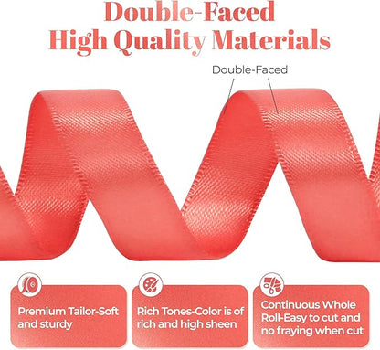 Coral Satin Ribbon, Double Faced 5/8 Inch X 25 Yards Coral Ribbon, for Gift Wrapping, Crafts, Hair Bow Making, Sewing, Flower Bouquet, Wedding Party Decor