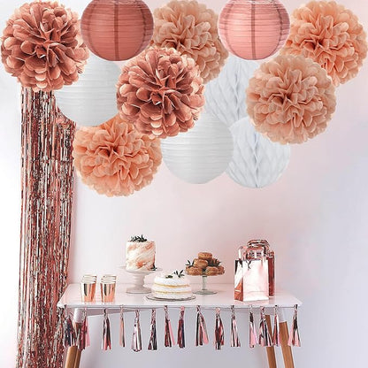 Rose Gold Paper Flowers Tissue Pom Poms Honeycomb Lanterns 15pcs Party Decorations Galentines Birthday Wedding Baby Shower Mothers Day Hanging Supplies Mprocherify