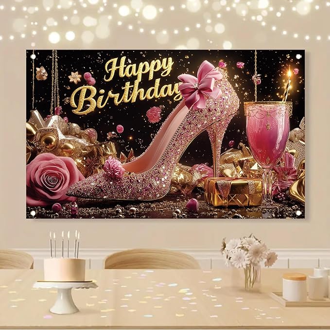 Luxury High Heel Birthday Backdrop Banner Pink Glitter Shoe Photography Background Rose Gold Decor for Women Girls Party Decorations Fashion Booth Studio Props 71 x 43 Inch