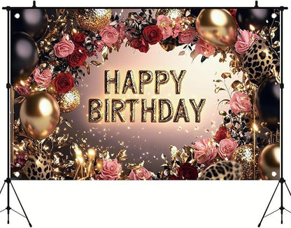 Red and Black Happy Birthday Backdrop Banner Gold Balloons Rose Flowers Leopard Print Party Decorations Photography Background Women Girls Birthday Photo Booth Props 71x43 Inch