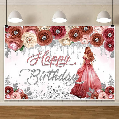 AOFOTO Happy Birthday Backdrop Red Beige Pink Rose Floral Diamond Print Photography Background for Women Girls Birthday Party Banner Home Wall Decor Photo Studio Booth Props 10x8ft
