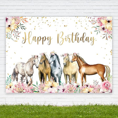 Riyidecor Horse Happy Birthday Backdrop Watercolor Florals 7Wx5H Feet Polyester Fabric Western Cowgirl Photography Background for Girls Women Princess Children Table Decor Banner Studio Photo Shoot