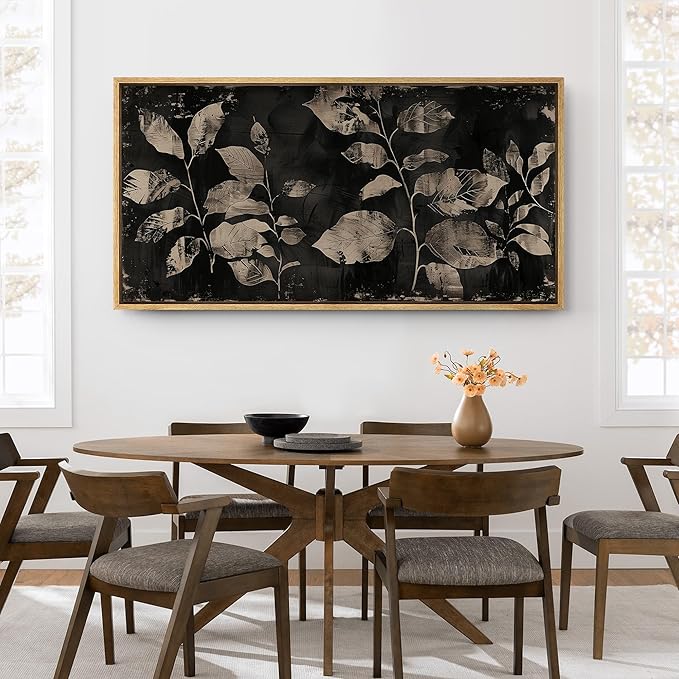 SIGNFORD Extra Large Framed Canvas Print Wall Art Modern Noir Leaves Monochrome Botanical Shadows Illustrations Modern Art Calm Warm for Living Room, Bedroom, Office - 60"x30"