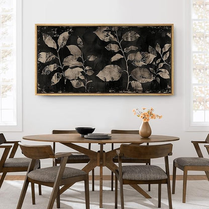 SIGNFORD Extra Large Framed Canvas Print Wall Art Modern Noir Leaves Monochrome Botanical Shadows Illustrations Modern Art Calm Warm for Living Room, Bedroom, Office - 60"x30"