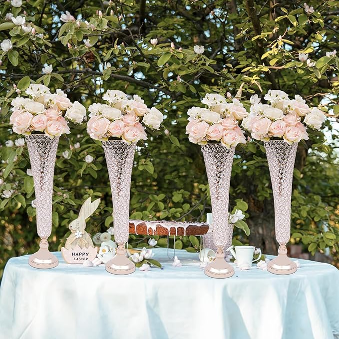 4 Pcs 21 Inch Tall Gold Crystal Vase for Centerpieces, Wedding Christmas Metal Crystal Trumpet Flower Vase Stand for Table Floor Party Banquet Celebration