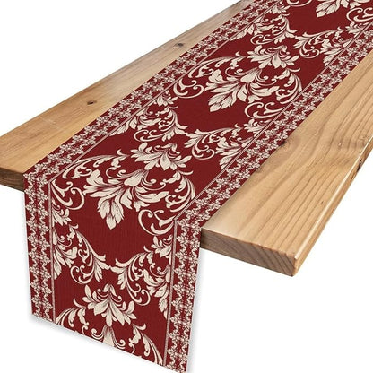 Damask Table Runner, Red Rustic Damask Antique Floral Retro Boho Art Pattern Linen Coffee Table Center Decor for Home Kitchen Dining Decorations Indoor Outdoor 13x108 inch