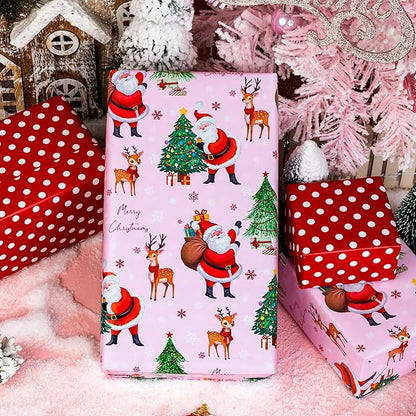 Yarcony Pink Christmas Wrapping Paper, Santa Gift Wrapping paper, Reversible Vintage Santa Claus, Christmas Tree & Reindeer Festive Holiday Gift Wrap for Present Packaging, Craft (17 Inch X 33 Feet)