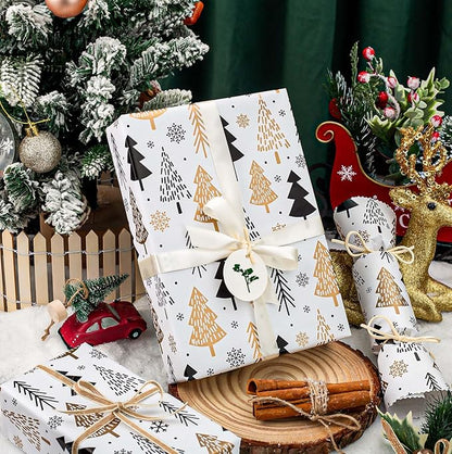 MAYPLUSS Christmas Trees Wrapping Paper - 17 Inch X 33 Feet - Minimalistic Elegant Christmas Trees with Gold Design Winter Holiday Gift Wrap Sheet for Party, DIY Crafts & Festive Decoration
