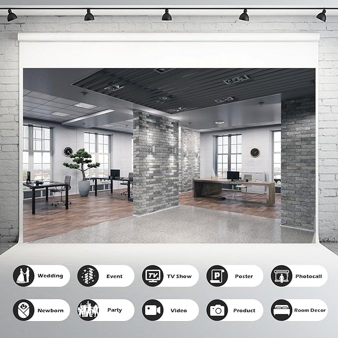 Modern Office Background for Video Conference Business Office Backdrop Interior Brick Wall Windows Virtual Offices Scene Photography Background Live Video Zoom Calls Backdrop Props 15x10ft