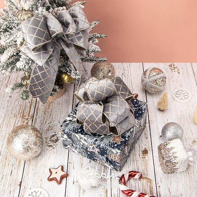 Ribbli Silver Velvet Ribbon Wired with Glitter Diamond Grid 2-1/2 Inch Christmas Ribbon for Christmas Tree Decoration Big Bow Gift Wrapping Crafts Wreaths Garland Supplies - 10 Yards