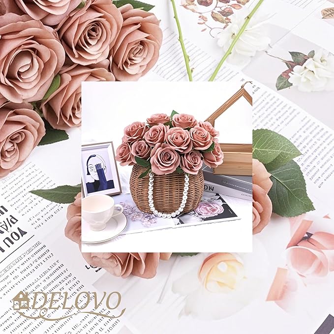 52pcs Dusty Rose Roses Artificial Flowers Fake Flowers Silk Roses with Stems for DIY Wedding Bouquets Bridal Shower Centerpieces Arrangements Party Decorations