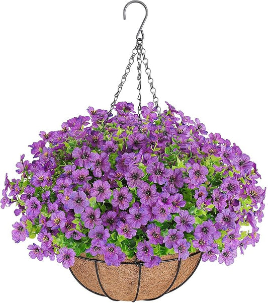 Artificial Flowers Hanging Plants in Basket,Artificial Hanging Flowers for Outdoor Indoor Decor,UV Resistant Hanging Baskets with Fake Flowers for Patio Garden Porch Deck Decoration