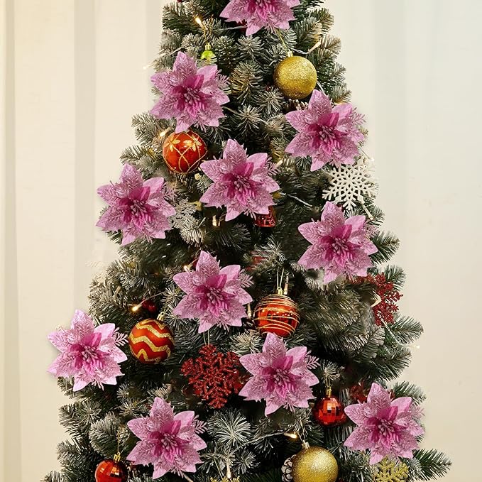 Zhuqing 15Pcs Christmas Poinsettia Artificial Flowers Decorations, Glitter Poinsettia Christmas Tree Ornaments, Black Tree Flowers for Xmas/Wedding/Holiday/Wreath/Garland Decor, with Cilps, 5.5 Inch