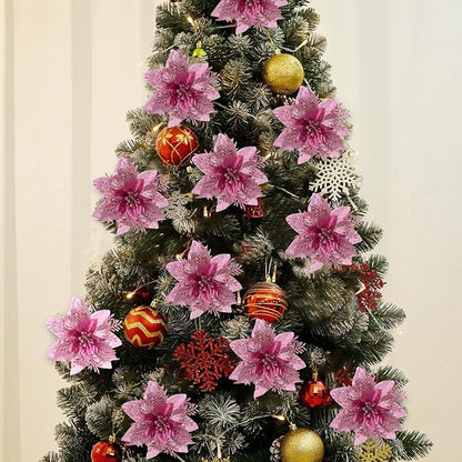 Zhuqing 15Pcs Christmas Poinsettia Artificial Flowers Decorations, Glitter Poinsettia Christmas Tree Ornaments, Black Tree Flowers for Xmas/Wedding/Holiday/Wreath/Garland Decor, with Cilps, 5.5 Inch