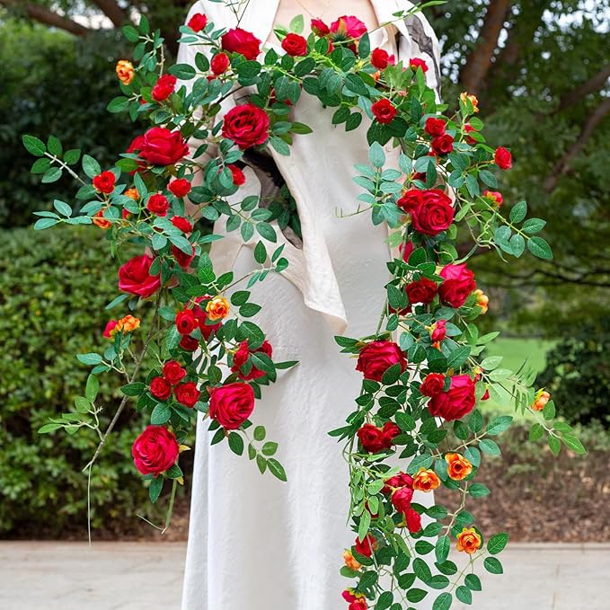 6FT Bendable Flower Garland, Artificial Rose Vine Hanging Floral Garland Decoration for Weding Home Room Wall Decor (Red, 2pcs)