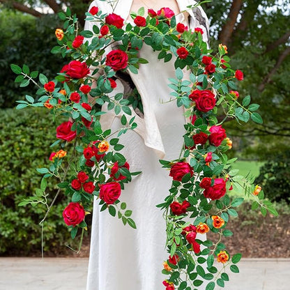 6FT Bendable Flower Garland, Artificial Rose Vine Hanging Floral Garland Decoration for Weding Home Room Wall Decor (Red, 2pcs)