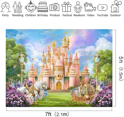 Riyidecor Princess Castle Backdrop Polyester Fabric Fairy Tale Horse Carriage Garden Floral 7Wx5H Feet Wonderland Photography Background Wedding Birthday Photo Studio Shoot