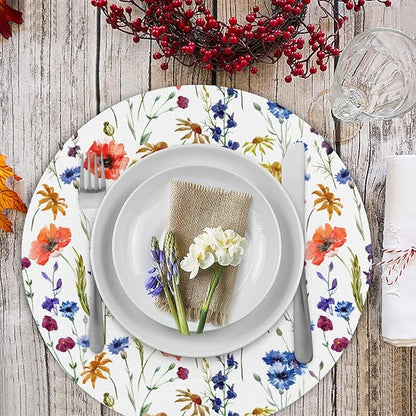 Flower Round Placemat Set of 4 Elegant Linen Table Mats for Dining, Heat Resistant, Stain Resistant Perfect for Dinner Parties, Restaurants, and Everyday Use