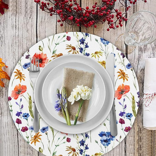 Flower Round Placemat Set of 4 Elegant Linen Table Mats for Dining, Heat Resistant, Stain Resistant Perfect for Dinner Parties, Restaurants, and Everyday Use