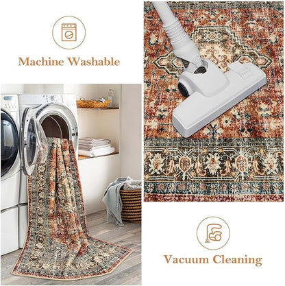 Lahome Oriental Washable Small Area Rug, 2x3 Rugs for Entryway Kitchen, Ultra-Thin Soft Indoor Door Mat Non Slip Throw Carpet for Bedroom Bathroom, Brick Red