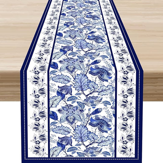 Blue Floral Table Runner, Rustic Vintage Paisley Floral Retro Boho Art Linen Coffee Table Center Decor for Family Kitchen Farmhouse Holiday Party Table Decorations Indoor Outdoor 13x36 inch