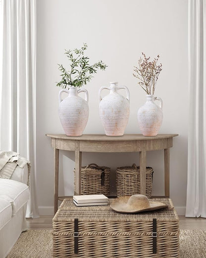 UPWOIGH Ceramic Flower Vase, 11.8 inch Tall Off-White Farmhouse Rustic Vase, Handcrafted Weathered Handle Pottery Vases, Large Flower Terracotta Vases for Home Decor, Living Room, Table, Shelf