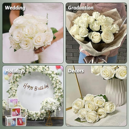 Roses Artificial Flowers 10 Pack in Bulk, White Fake Roses Flowers Realistic Roses for Wedding Home Party Decoration Event Gift