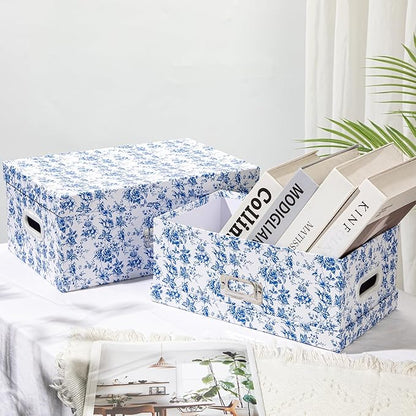 Briful Set of 2 Blue and White Porcelain-Style Storage Boxes with Lids – Elegant Floral Nesting Organizer Bins, 14'' + 13'' Set Decorative Cardboard Gift Boxes for Home or Office Use