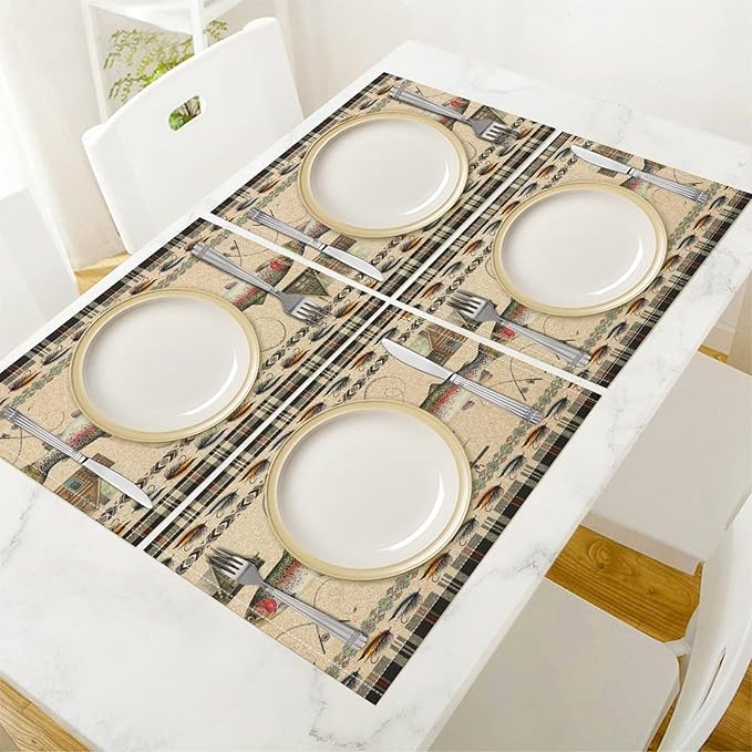 Rustic Cabin Bear Placemats Fishing Rods Lure Southwestern Check Plaid Brown Art Printed Dining Table Mats Set of 4 for Home Kitchen Holiday Picnic Party Decor 12x18in