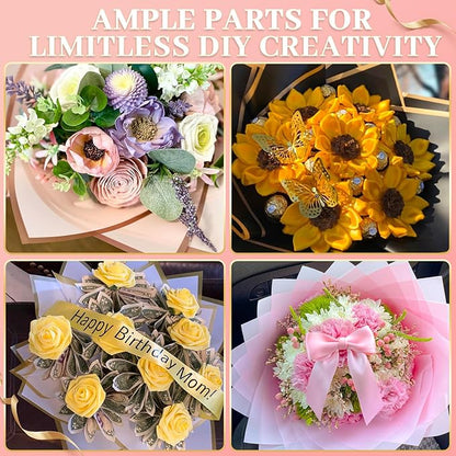 260Pcs Flower Bouquet Wrapping Paper Kit, 60 Sheets White Waterproof Paper, 36 Butterflies, 8 Crowns, 1 Headband, 4 Ribbons, 15 Cards, 100 Diamond Pins, 30 Floral Wire, 3 Stickers, 3 Tapes (White)