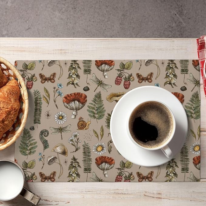 Mushroom Placemats Set of 6,Vintage Gothic Mushroom Fern Kitchen Place Mats Linen 12x18 Inch,Brown 6 PCS, Style-6