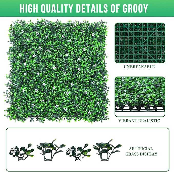 12PCS Grass Wall Panel with Flowers, 20x20inch Boxwood Panels, Grass Backdrop, Privacy Hedge Screen, UV Protected Wall Backdrop for Outdoor Garden and Indoor Home Wedding