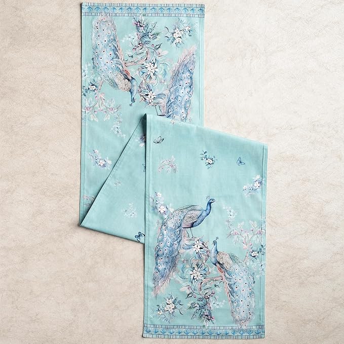 Maison d' Hermine Tablerunners 100% Combed Cotton Premium Table Runner Decorative Table Cover, Home, Kitchen, Peacock Utopia - Pastel Turquoise, Double Layer - (14.5"x72")