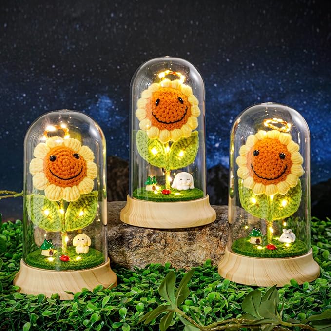 Levvohd Crochet Sunflower Gifts for Women, Sun Flower Birthday Gifts for Grandma, in Plastic Dome Sunflower, for Her Mom Mothers Day Christmas Day Gifts (A - Sunflower 4.3 in X 7.5 in)