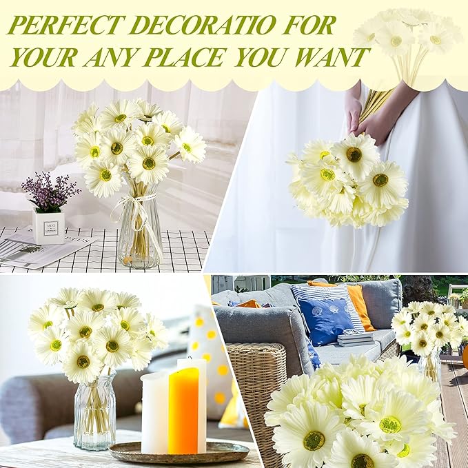 WILLBOND 24 Pieces Artificial Gerbera Daisies Flowers Fake Daisy Faux Boho Daisy Flowers Bouquet 15 in for Boho Birthday Decorations Wedding Home Decor (White)