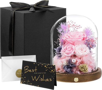 Large Preserved Flowers with Card&Box-Flowers for Delivery Prime,Eternal Rose with Lights,Roses in Glass Dome,Romantic Gift for Her,Decoration,Fresh Rose Flowers for Mom, Birthday, Anniversary (Pink)
