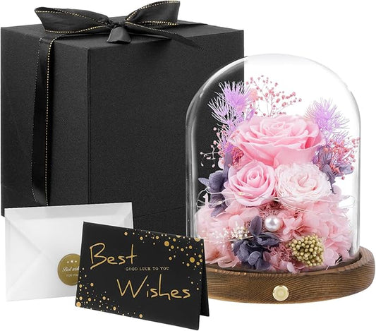 Large Preserved Flowers with Card&Box-Flowers for Delivery Prime,Eternal Rose with Lights,Roses in Glass Dome,Romantic Gift for Her,Decoration,Fresh Rose Flowers for Mom, Birthday, Anniversary (Pink)