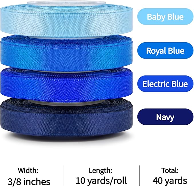 3/8 Inch Blue Satin Ribbon, 4 Rolls Total 40 Yards, Double Faced Mixed Blue Thin Ribbon for Gift Wrapping, Flower Bouquets, Crafts, Wedding, Christmas Decorations