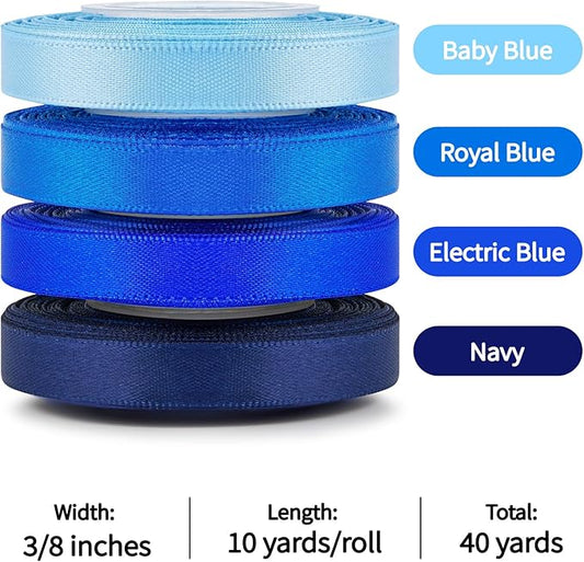 3/8 Inch Blue Satin Ribbon, 4 Rolls Total 40 Yards, Double Faced Mixed Blue Thin Ribbon for Gift Wrapping, Flower Bouquets, Crafts, Wedding, Christmas Decorations
